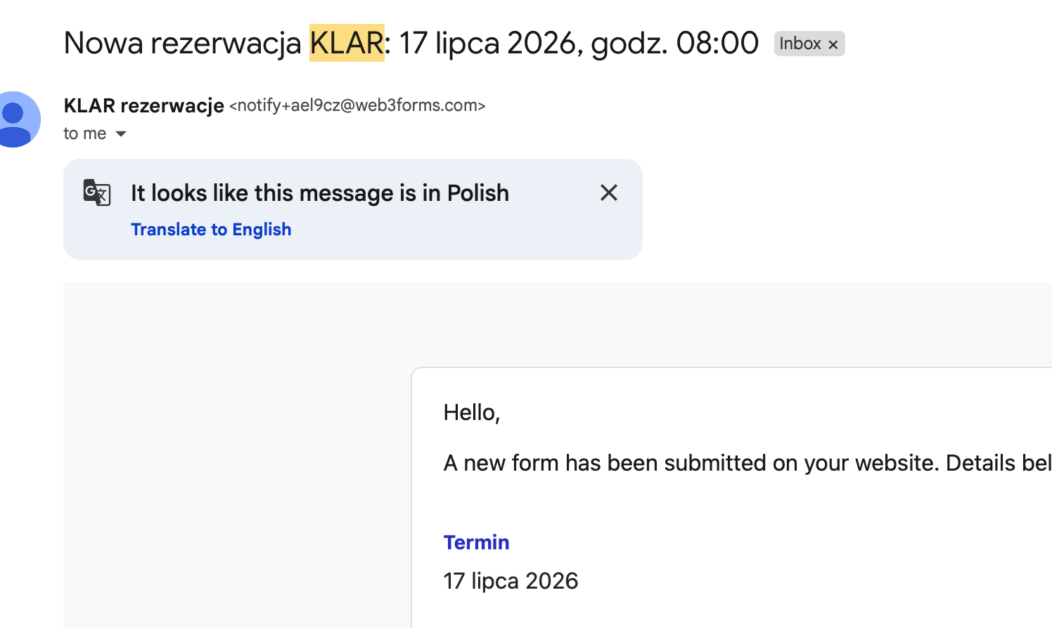 Automatyczne powiadomienie e-mail o rezerwacji KLAR